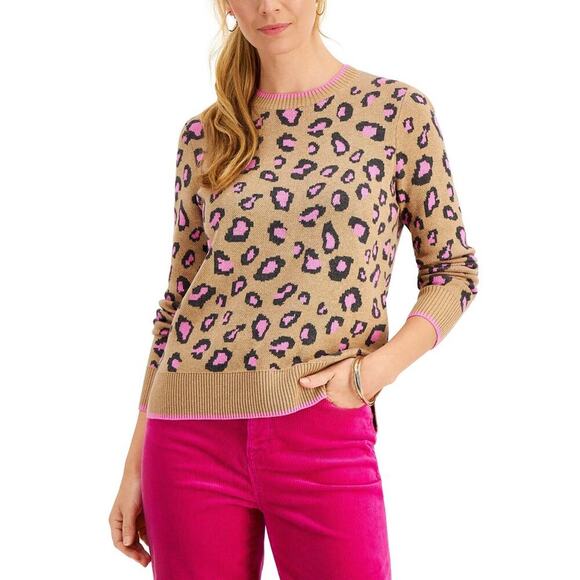 Charter Club Tan & Pink Leopard Print Sweater XS - Picture 1 of 6